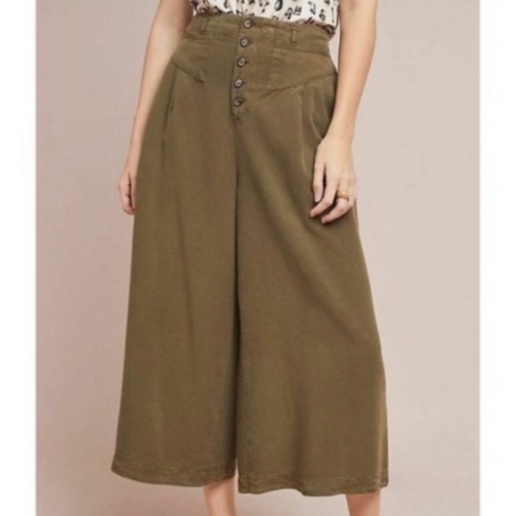 Anthropologie Pants - Anthropologie Oceanside Wide Lyocell Linen Cropped Pants Olive Size Medium M
